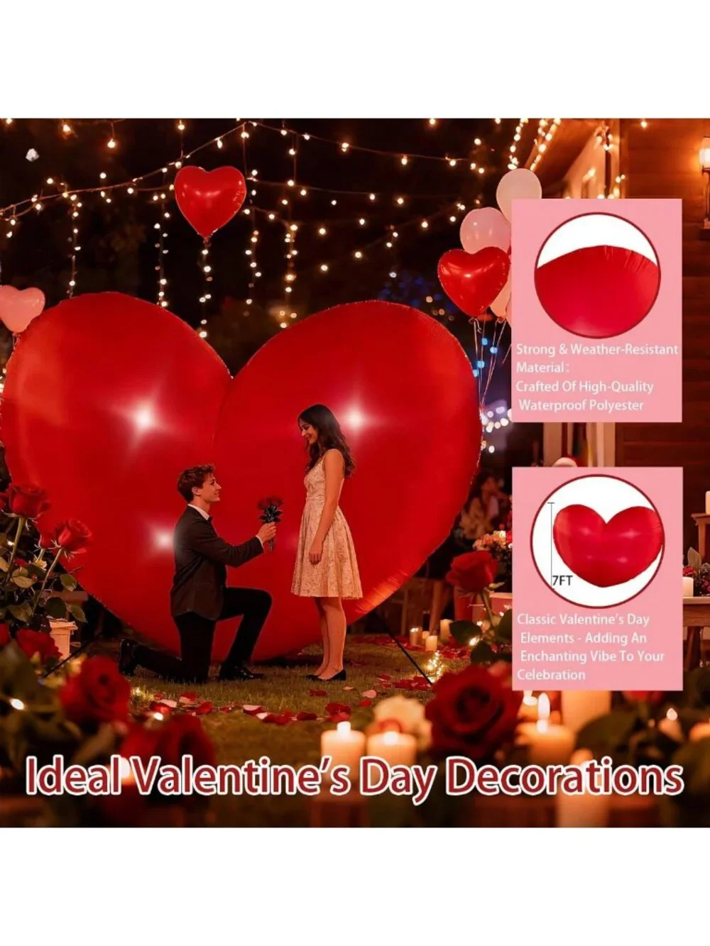 7ft Inflatable Heart Decoration for Valentine's Day - LED Outdoor Yard Decor